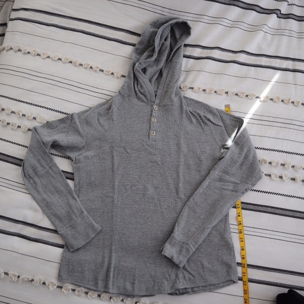 Vince, Thermal Three Button Henley Long Sleeve Hoodie, Grey, Men's Size Medium